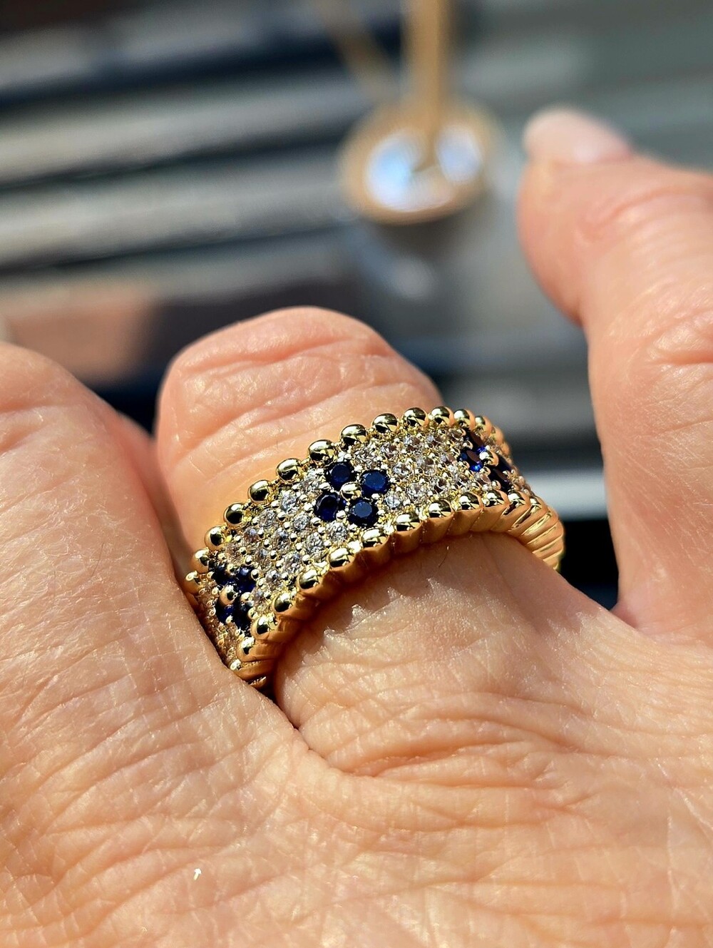 Gold Plated And CZ Band Ring with Blue Sapphire Accents